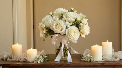 Obraz premium A beautiful wedding floral arrangement with white roses in a vase, accompanied by lit candles for a romantic ambiance.