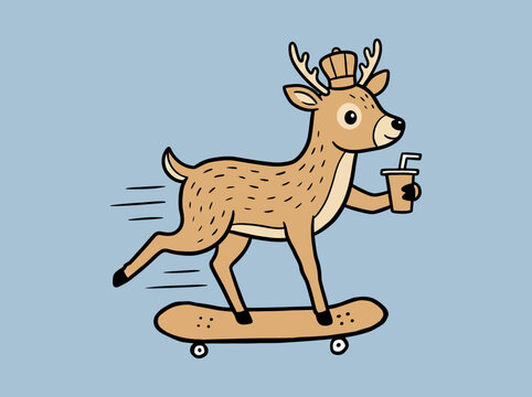 Reindeer riding skateboard with coffee cup.