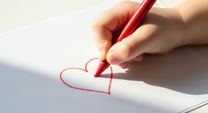 Hand drawing heart, red pencil, love symbol, Valentine's Day, romantic gesture