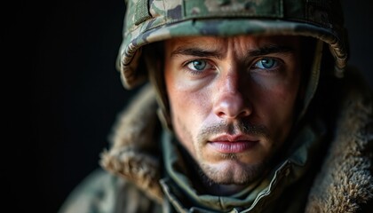 Obraz premium Young soldier in camouflage helmet and fur lined winter jacket stares ahead with serious determined face. Military man in cold weather uniform. Army service courage.