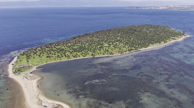 Aerial Drone View of Cicek Island in Ayvalik, Turquoise Aegean Sea and Coastal Landscape Turkey