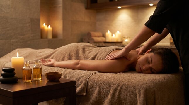 Relaxing Woman Receiving Professional Back Massage in Luxury Spa Wellness Center