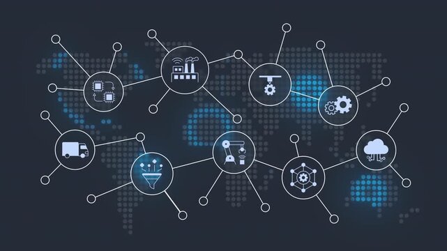 Industry 4 animated banner with line icons. Fourth industrial revolution. Digital transformation. Outline symbols on dynamic background. HD video for website header and presentation