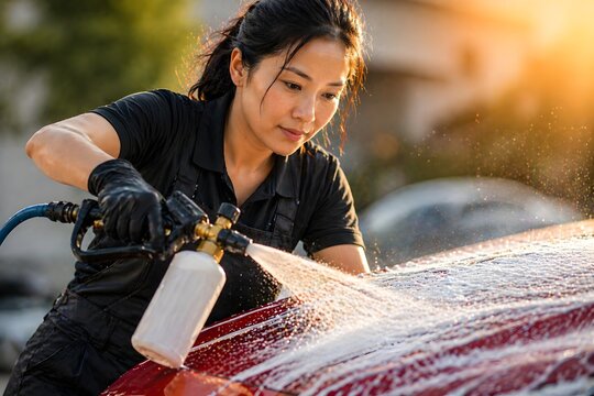 A woman spraying soap on a car during mobile car wash &mdash; mobile car wash exterior detailing service for on-site vehicle cleaning