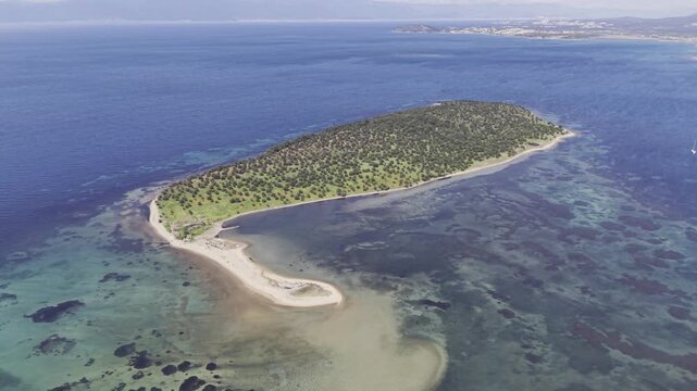 Aerial Drone View of Cicek Island in Ayvalik, Turquoise Aegean Sea and Coastal Landscape Turkey