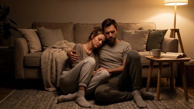 Young couple sitting on the floor leaning against a sofa, comforting each other in a warm home setting, expressing support and emotional connection during a difficult moment.