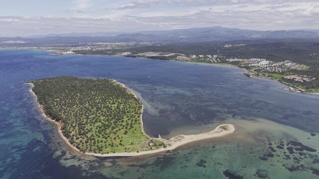 Aerial Drone View of Cicek Island in Ayvalik, Turquoise Aegean Sea and Coastal Landscape Turkey