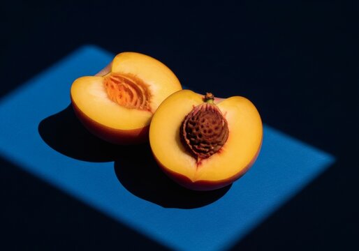 Two fresh peach halves with stone on blue background with hard light shadows