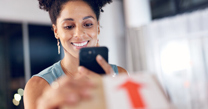 Happy woman, logistics and phone with box for delivery confirmation, scan or verification in office. Female person, employee or night with smartphone, package or parcel for online order or purchase