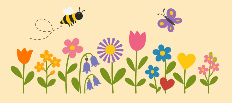 Warm yellow banner with colorful spring flowers, tulips, bluebells, hearts, flying bee and butterfly. Perfect floral horizontal border design.