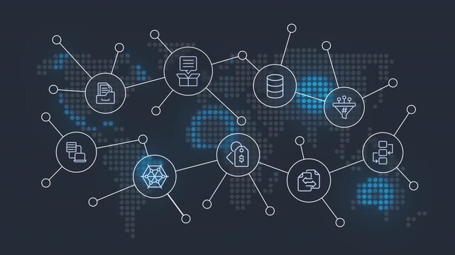 PIM animated banner with line icons. Product information management system. Commercial data processing. Outline symbols on dynamic background. HD video for website header and presentation