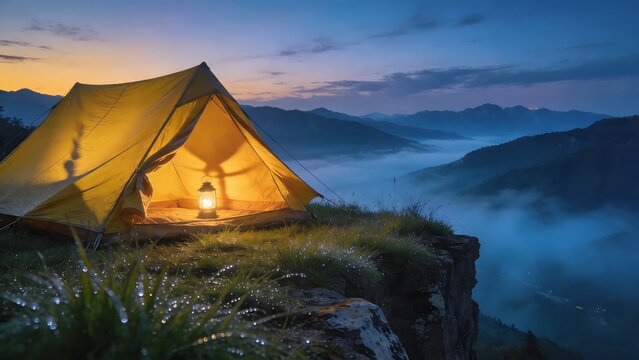 Yellow glowing tent on a mountain cliff with a foggy valley view at twilight.