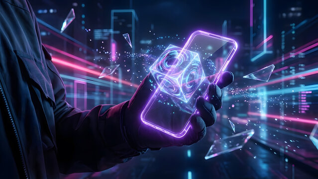 Person holding glowing phone with cube