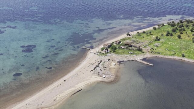 Aerial Drone View of Cicek Island in Ayvalik, Turquoise Aegean Sea and Coastal Landscape Turkey