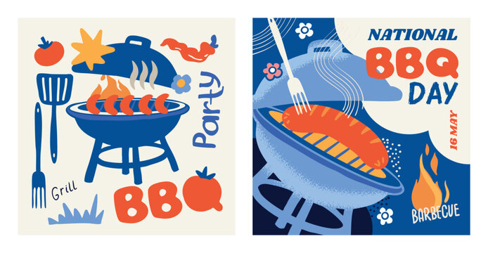 BBQ party,  barbecue day, set of square banner, invitation, template, creative, modern, vector illustration with barbecue area, sausage, fork, flame.