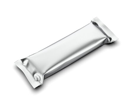 Snack bar in foil package, metallic chocolate wrapper packaging stick sachet mockup.