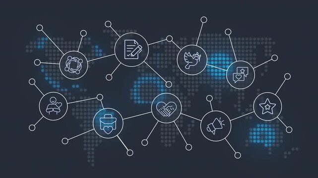 Corporate responsibility animated banner with line icons. Ethical business principles. Social care strategy. Outline symbols on dynamic background. HD video for website header and presentation