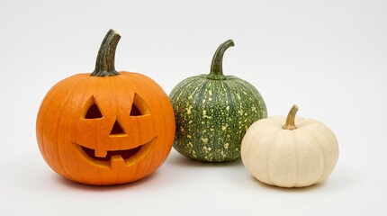 Obraz premium Vibrant collection of seasonal pumpkins and a classic carved jack-o'-lantern symbolizing the festive spirit of autumn celebrations and holiday traditions on a clean background