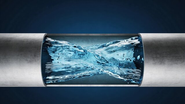 A close-up view of a metallic pipe with flowing blue water inside. The water creates a dynamic splash effect, set against a dark background.
