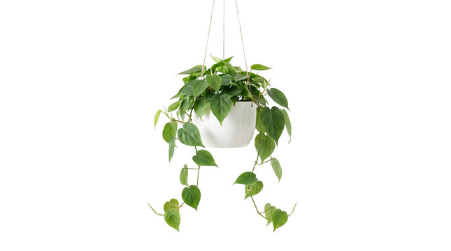 Beautiful heartleaf philodendron houseplant in a white hanging pot for modern home interior decoration and fresh indoor greenery lifestyle isolated