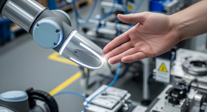 Engineer operating collaborative industrial robot arm in high-tech manufacturing facility