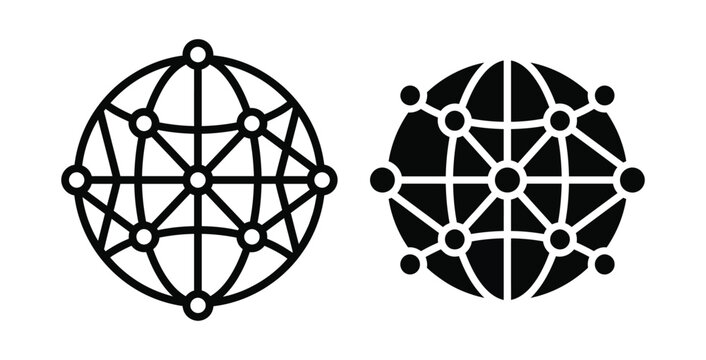 Black and white globe network icons with connected lines and dots