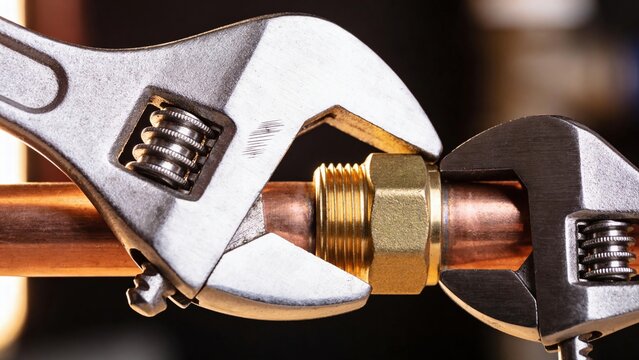 Close-up of adjustable wrenches gripping a copper pipe fitting. The scene highlights plumbing tools and hardware components.