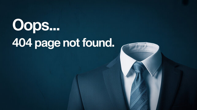 A digital error message Oops 404 page not found is displayed with an invisible businessman in a suit