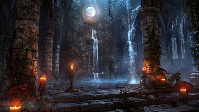 Mystical interior of an ancient ruined cathedral with a natural waterfall, glowing candles, and a full moon in the night sky.