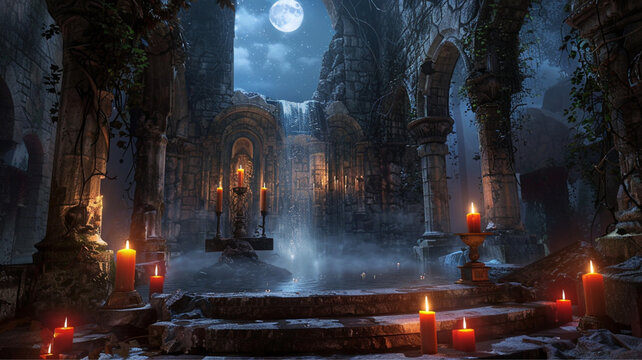 Mystical interior of an ancient ruined cathedral with a natural waterfall, glowing candles, and a full moon in the night sky.