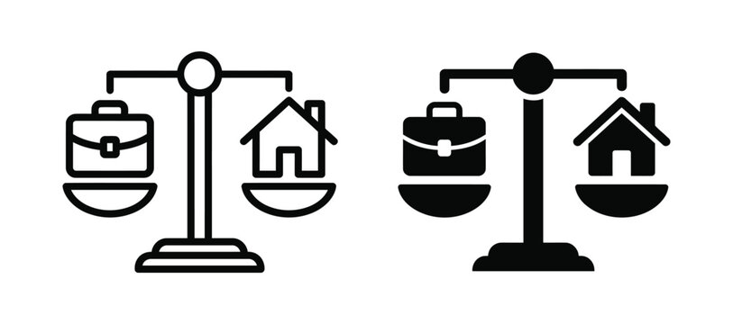 Two scales balancing a briefcase and a house in line style and solid style