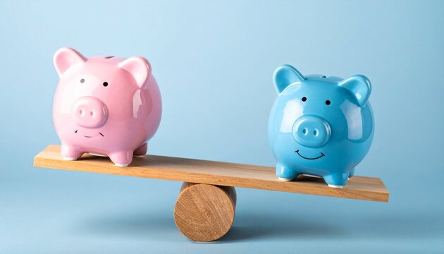 Two piggy banks balancing wooden plank financial inequality concept