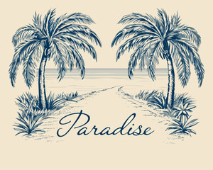 Obraz premium Palm trees line drawing with beach and paradise text vintage style