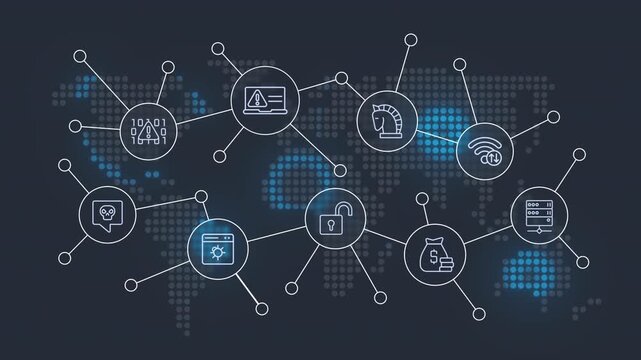 Cyber attacks animated banner with line icons. Phishing attack. Data protection. Software vulnerability. Outline symbols on dynamic background. HD video for website header and presentation