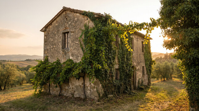 old stone house with green vines and trees.