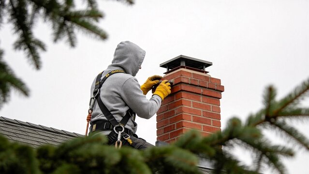 Person working on a brick chimney