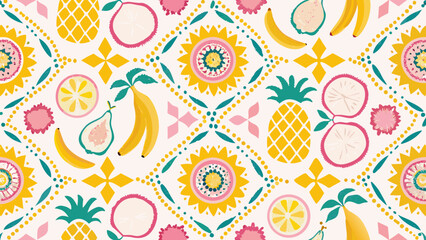 Tropical fruit pattern with pineapples bananas and flowers © MihirKumarMondal