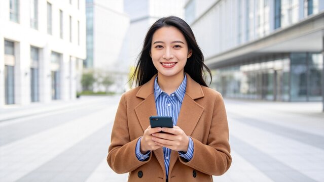 Woman in coat holding phone on street