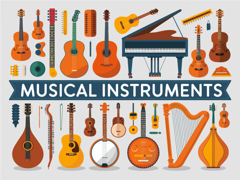 Collection of various string and keyboard musical instruments arranged in a decorative pattern for artistic representation