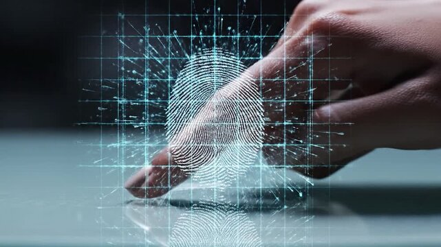 A close-up view of a human finger touching a smooth, reflective surface, with a digital fingerprint overlay displayed above it