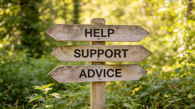 Wooden signpost with help support advice