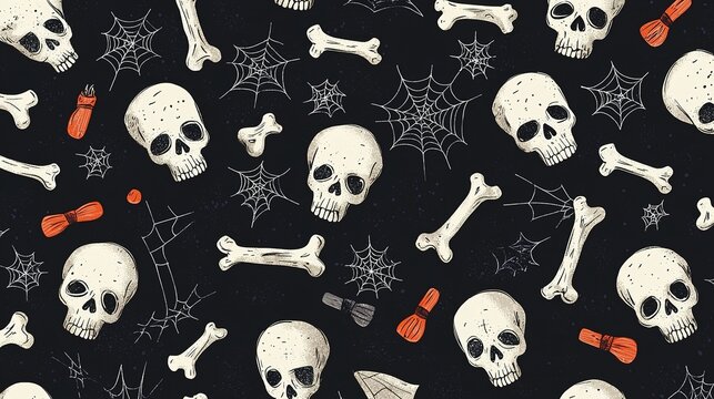 Spooky halloween skull pattern background dark theme digital art festive vibes close-up creative design