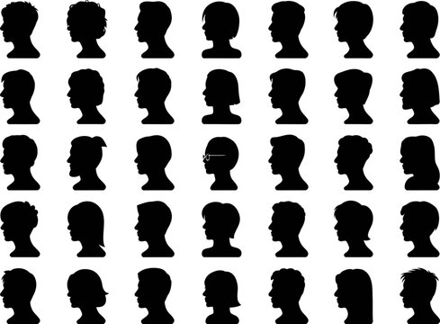 Diverse collection of black human head profile silhouettes in a grid pattern representing people and individuality