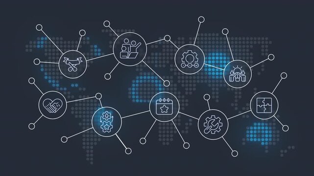 Hackathon animated banner with line icons. Tech event organization. Teamwork and collaboration venue. Outline symbols on dynamic background. HD video for website header and presentation