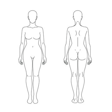 Female body outline template in front and back view with clean line art and balanced proportions. Universal base for fashion design, anatomy study, medical diagrams, cosmetic procedures, massage maps 