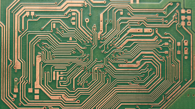 Bare Copper Trace Pattern on Green PCB Substrate with Branching Pathways