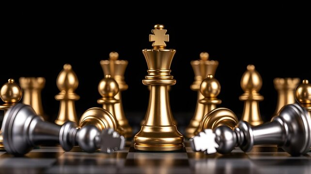 Golden king chess piece standing strong against fallen silver opponents on dark background