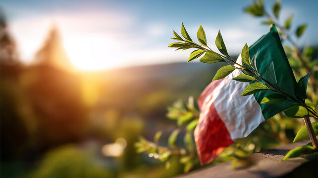 Waving Italian flag dances softly with the evening breeze near a serene countryside landscape Generative AI