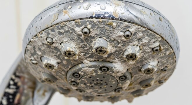 Dirty shower head with heavy white limescale and mineral buildup. Calcified bathroom fixture needing cleaning and maintenance. Hard water damage on plumbing hardware in household.