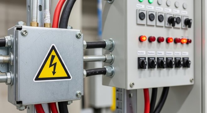 Industrial electrical control panel with voltage warning sign. Junction box connected to power cables and electronic relay system. Automation technology in engineering and manufacturing factory.